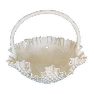 Fenton Milk Glass Bride Basket Hobnail Large 9” x 11.5” Vintage Ruffled Wave